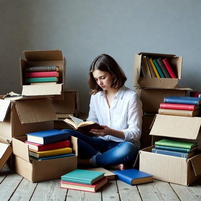 Woman reading book surrounded by boxes