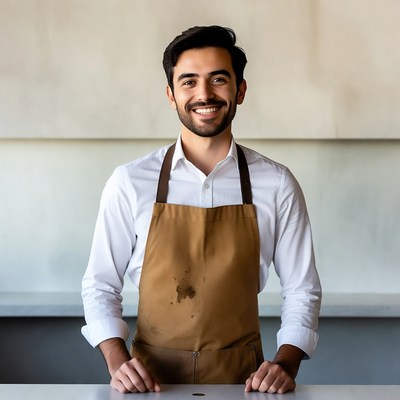 Smiling man in apron at counter