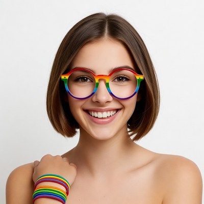Smiling woman with rainbow glasses