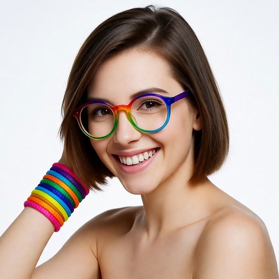 Smiling woman with rainbow glasses and bracelets