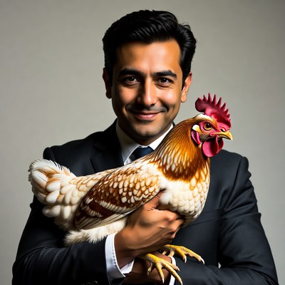 Man holding rooster in suit