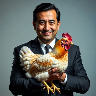 Man holding chicken in suit