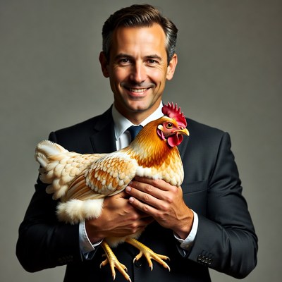Man holding chicken in suit