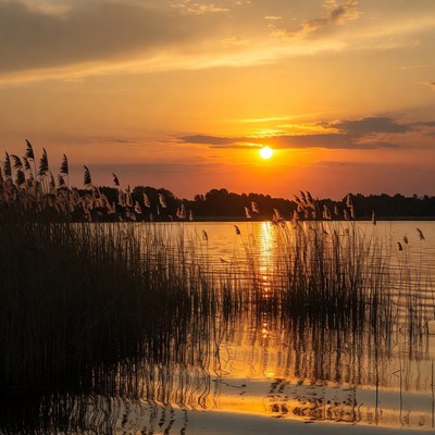 Sunset over lake with reeds