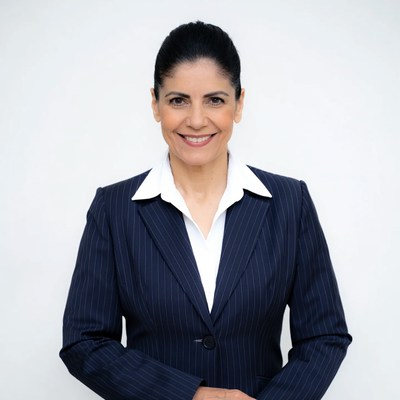 Smiling woman in navy suit