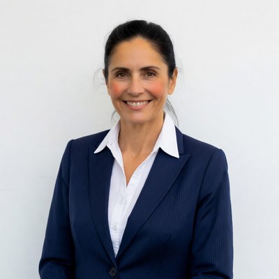 Smiling woman in navy suit