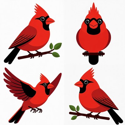 Red Cardinal Birds Illustration Set