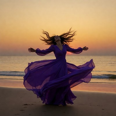Woman twirling in purple dress on beach