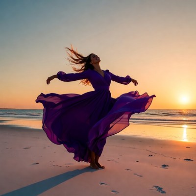 Woman in purple dress dancing on beach sunset
