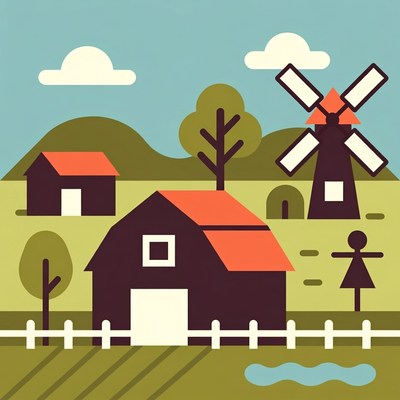 Cartoon Farm with Windmill and Scarecrow