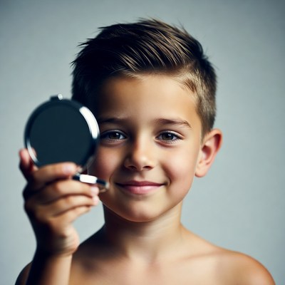 Boy holding mirror smiling