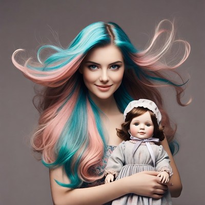 Woman with colorful hair holding doll