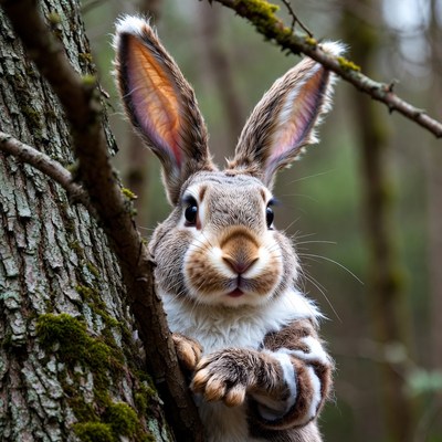 Rabbit peeking from tree trunk