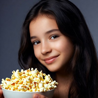 Girl holding bowl of popcorn