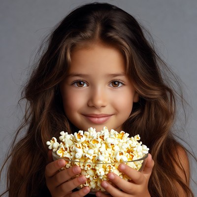 Girl holding bowl of popcorn