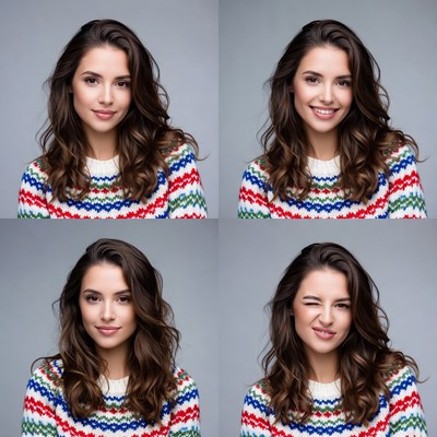 Smiling woman in colorful sweater four views