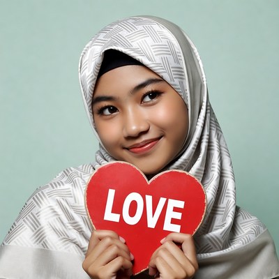 Muslim woman holding LOVE sign
