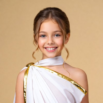 Girl in white gold-trimmed toga smiling