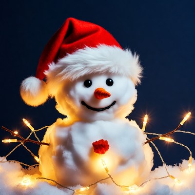 Snowman Wearing Santa Hat with Lights