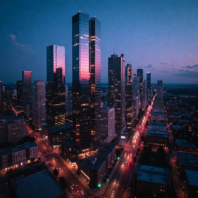 City skyline at dusk with skyscrapers