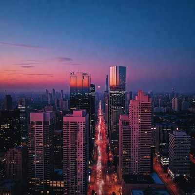 Aerial View of City Skyline at Sunset