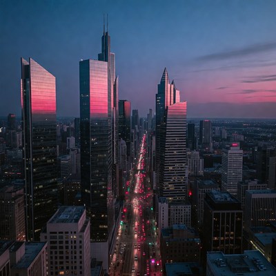 Chicago Skyline at Dusk with Traffic