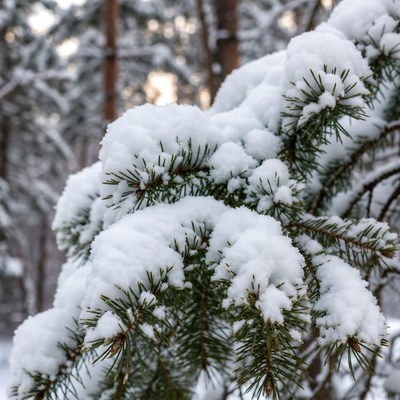 Snowy Pine Branches in Forest
