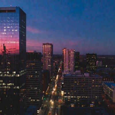 City skyline at sunset