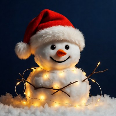 Snowman Wearing Santa Hat with Lights
