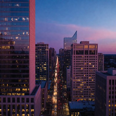 Aerial View of City Street at Dusk