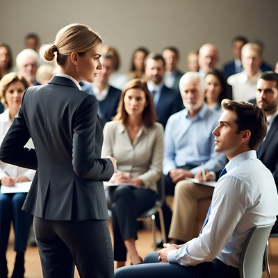 Blonde woman presenting to business audience