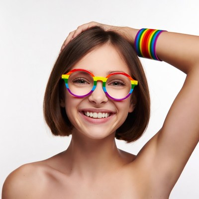 Smiling woman in rainbow glasses