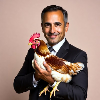 Man holding chicken in suit