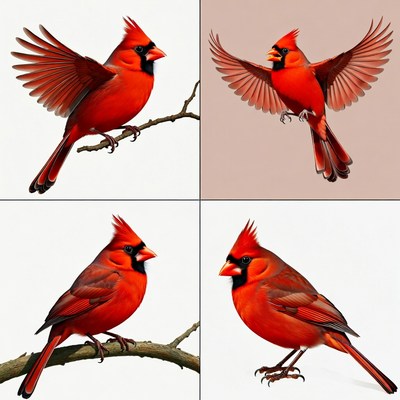Four Northern Cardinals Flying Perching