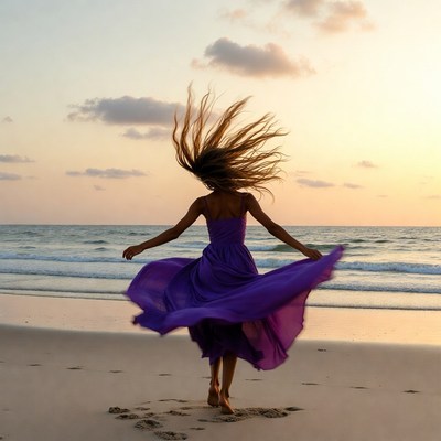 Woman twirling in purple dress on beach