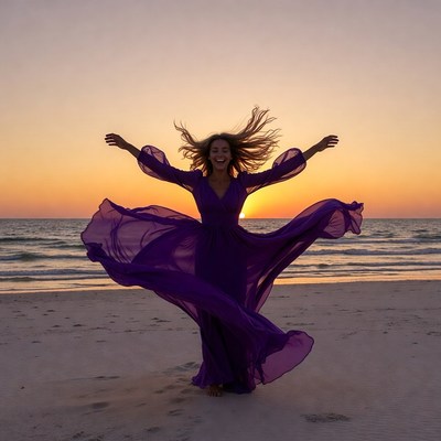 Woman in purple dress twirling on beach sunset