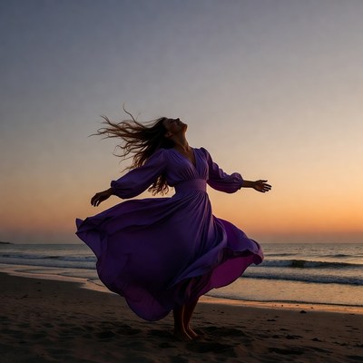 Woman twirling in purple dress on beach