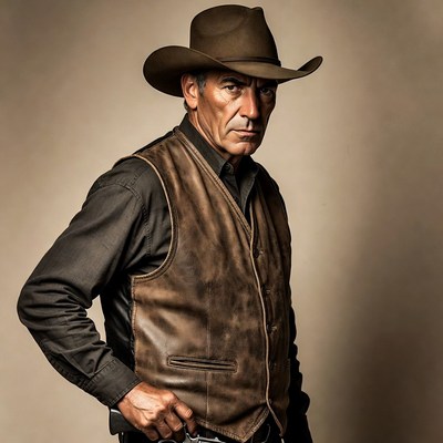 Cowboy man in leather vest with gun