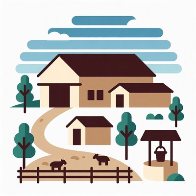 Farmhouse with Well and Cows