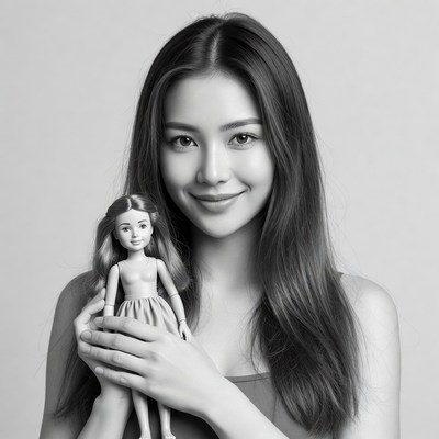Asian woman holding doll