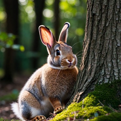 Rabbit beside tree in forest