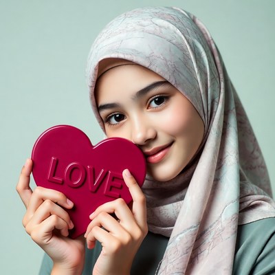 Asian woman holding LOVE heart