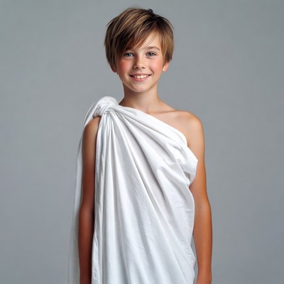 Boy in white toga smiling