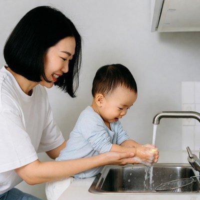 Asian mother teaching baby to wash hands