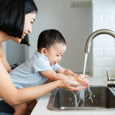 Asian mother helping baby wash hands