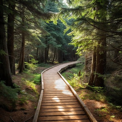 Wooden Boardwalk Through Sunlit Forest