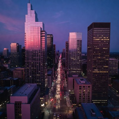 Purple Skyline City Street at Dusk