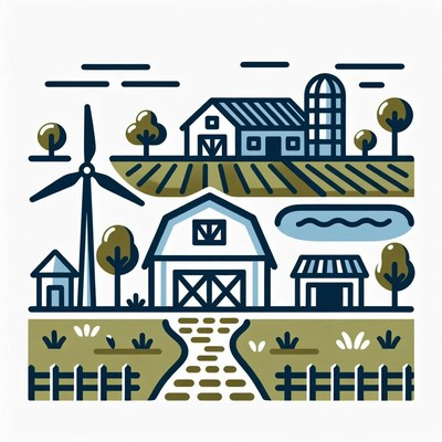 Farm Landscape Illustration with Barns