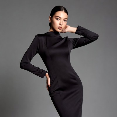 Asian woman in black dress posing