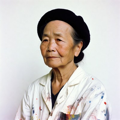 Elderly Asian woman in paint-splattered smock